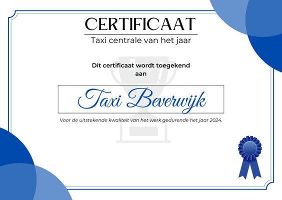 Taxi Beverwijk Schiphol erkend en krijgt certificaat.